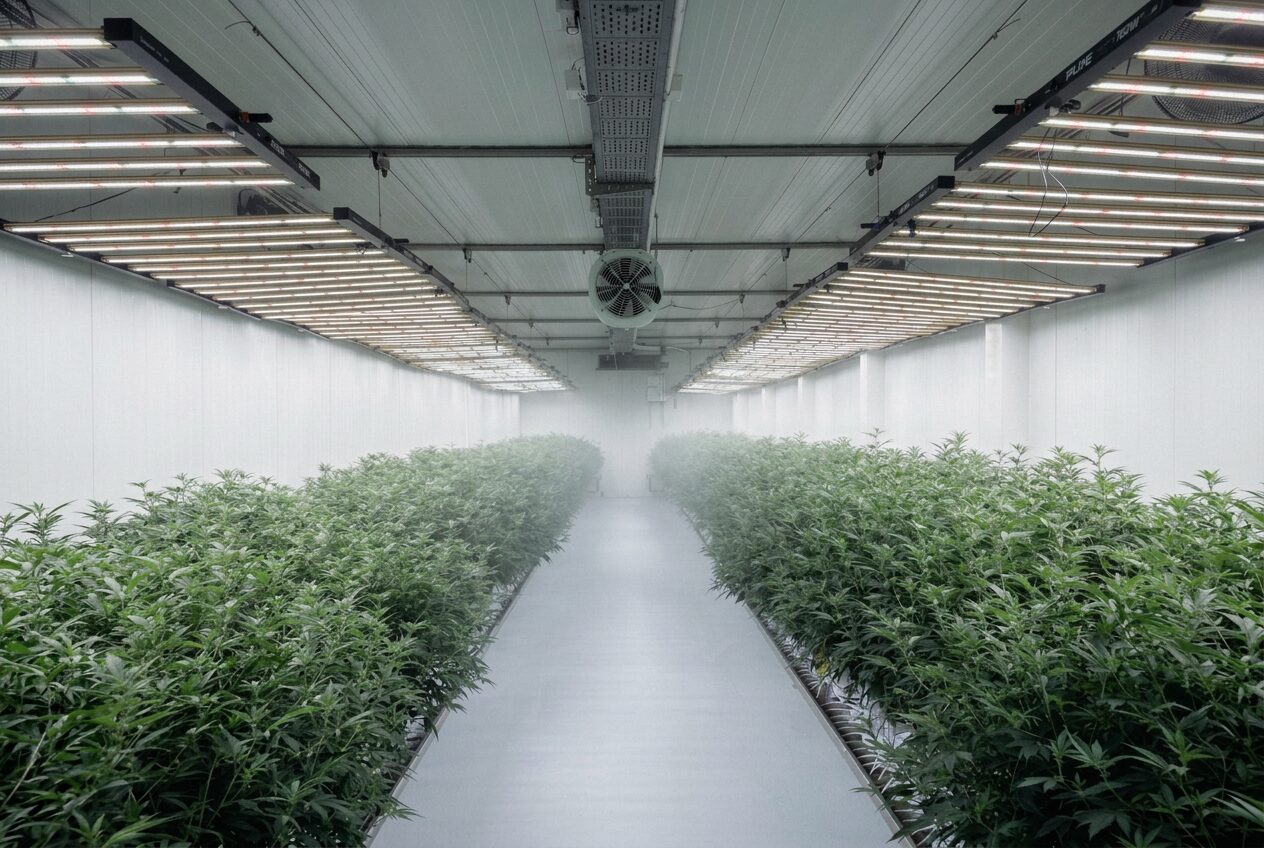SNP cultivation facility: two rows of medical cannabis plants under soft light, fading into mist